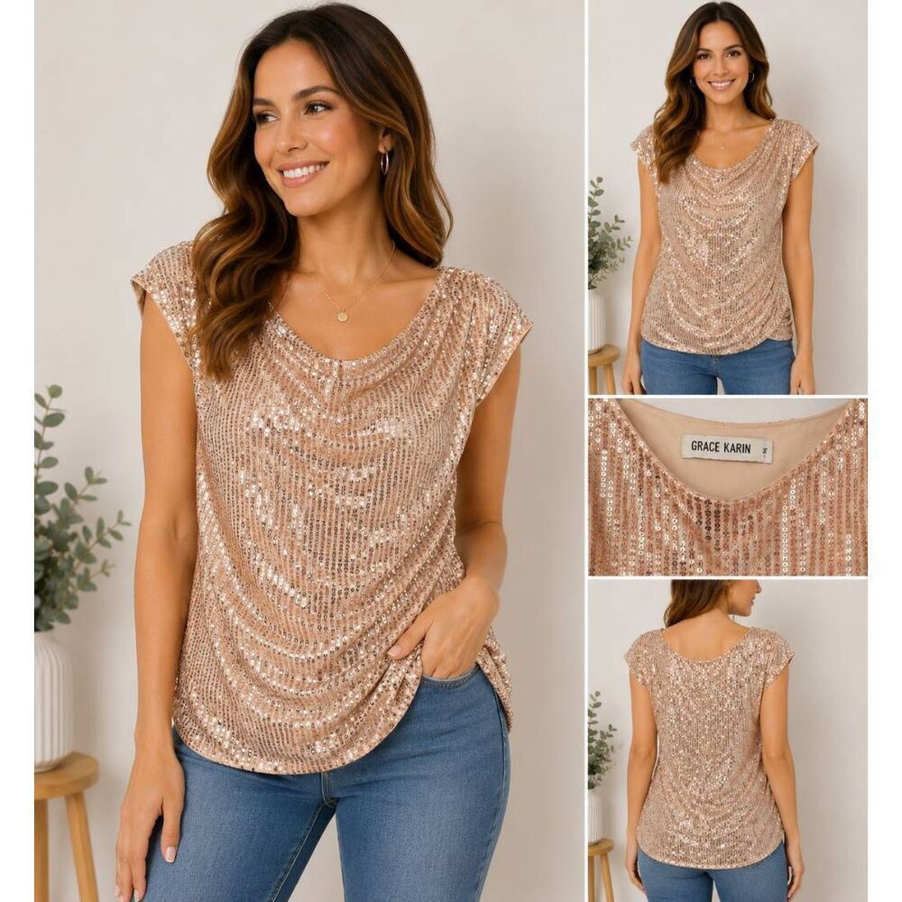 Grace Karin Rose Gold Sequin Blouse 1X Party Top